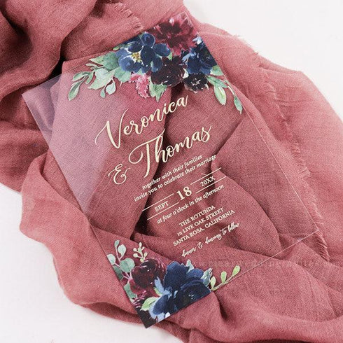 moody garden burgundy navy acrylic wedding invitation CWIA99